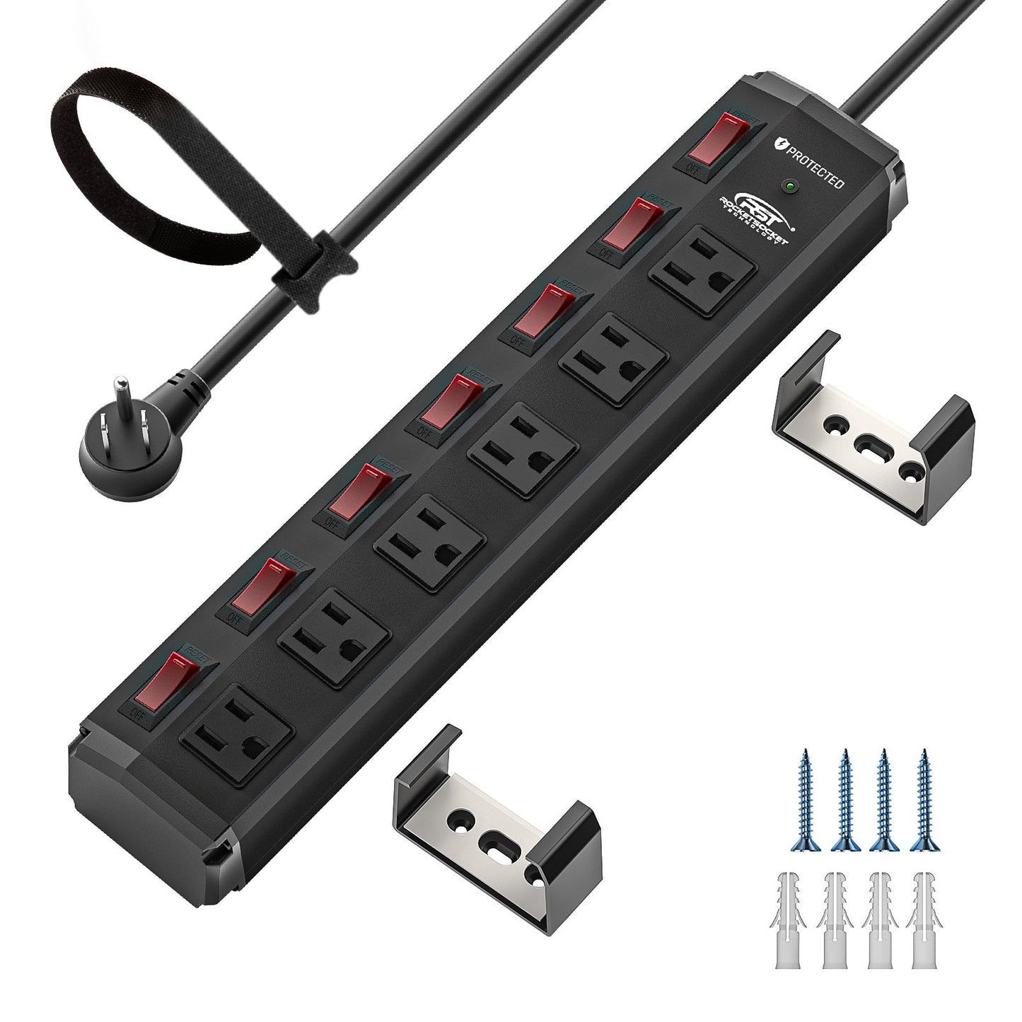 CRST 6 Outlets Individual Switches Mountable Metal Power Strip Surge Protector, 6FT Flat Plug Power Cord-6
