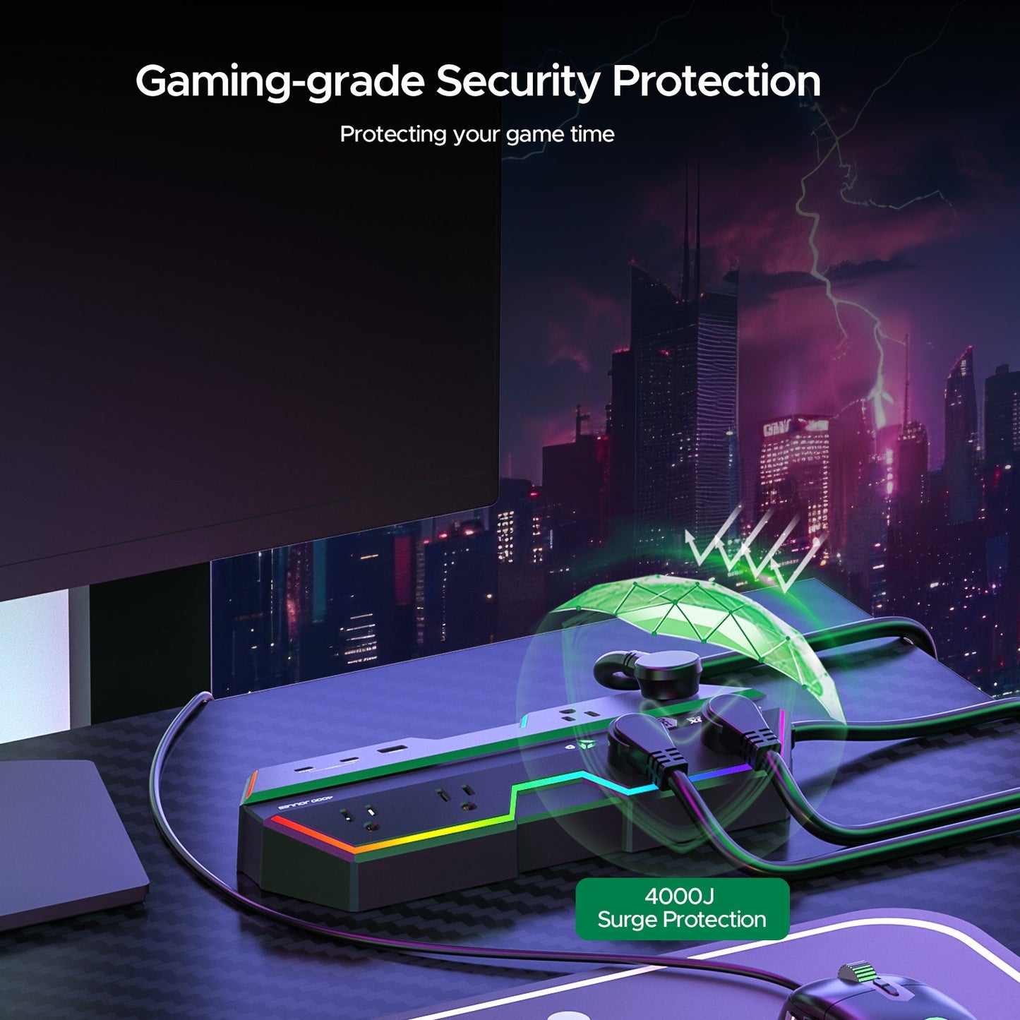 Gaming Power Strip, 6 AC Outlets, 4000J Surge Protector, PD 20W Fast Charging (2 USB-C, 1 USB-A), Wide-Spaced Outlet with RGB Lights for PC, E-Sports & Home Office-4