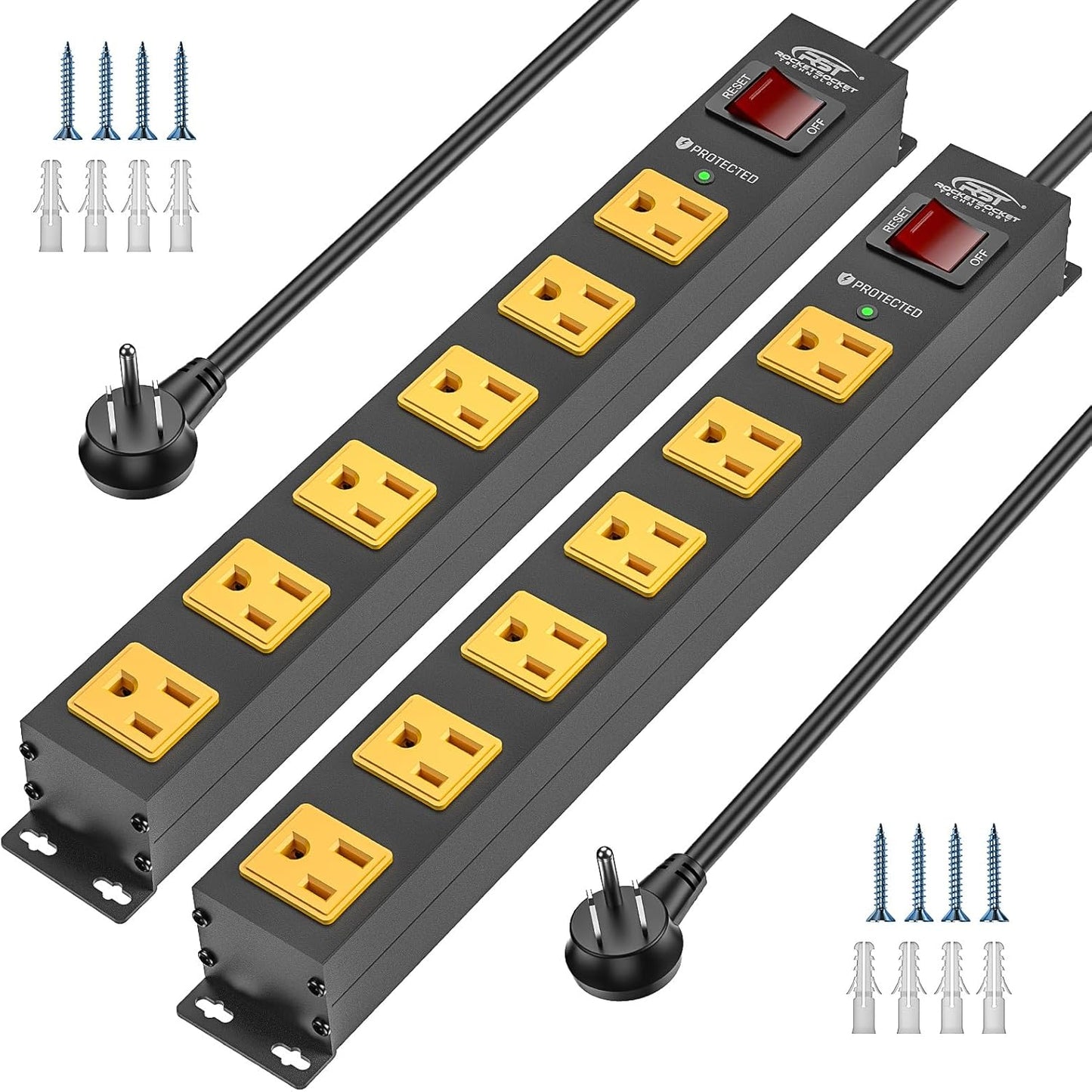 CRST 2PK Wider Spaced 6 Outlet Metal Surge Protector Power Strip 2100J 15A 1875W Heavy Duty Mountable Power Bar 6FT Flat Plug Extension Cord-5