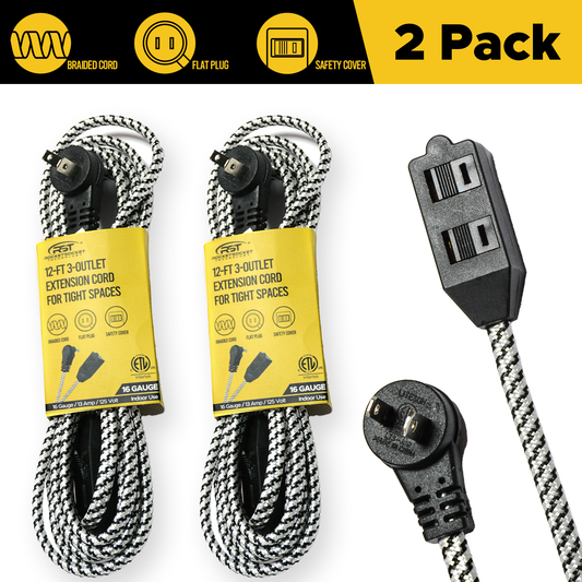 2-Pack 12ft Flat Extension Cord with Safety Covers, Braided Long Extension Cord with Flat Plug, 3-Outlet Power Strip, 16AWG, 1625W, ETL Listed-0