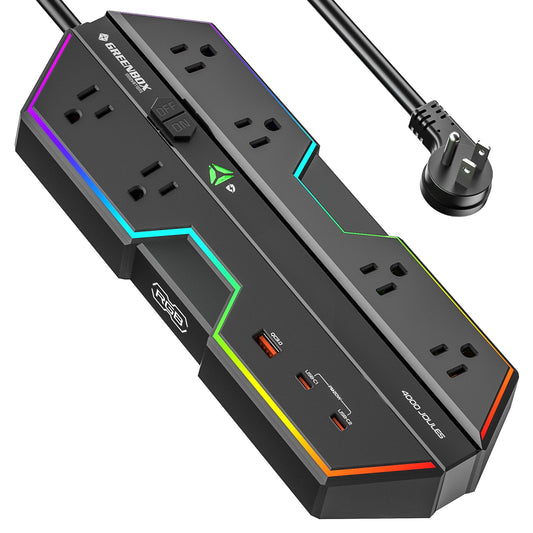 Gaming Power Strip, 6 AC Outlets, 4000J Surge Protector, PD 20W Fast Charging (2 USB-C, 1 USB-A), Wide-Spaced Outlet with RGB Lights for PC, E-Sports & Home Office-0