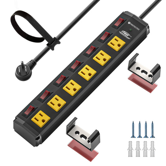 CRST 6 Outlets Individual Switches Mountable Metal Power Strip Surge Protector, 6FT Flat Plug Power Cord-0