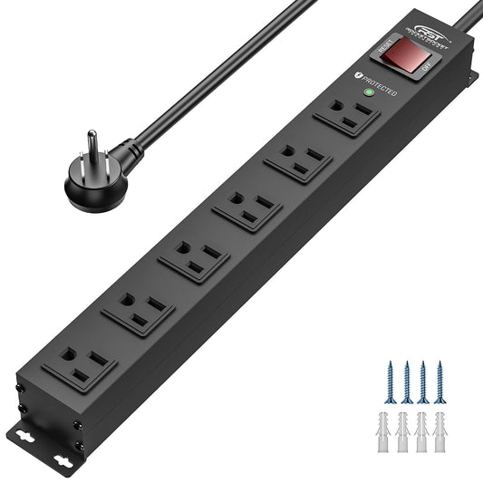 CRST 6-Outlet Metal Surge Protector, 2100 Joules, 10ft Heavy Duty 14AWG Cord with 45° Flat Plug, Industrial Mountable Power Strip for Home Office Garage & Workshop-0