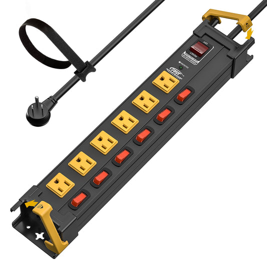 CRST 6-Outlet Metal Power Strip Surge Protector with Individual Switches, 1020 Joules, 6ft Heavy Duty 14AWG Cord, Dual Adjustable Cord Managers, Wall Mountable Power Bar for Workshop Garage Home Office-0