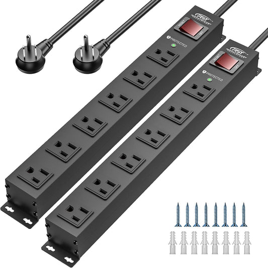 CRST 2PK Wider Spaced 6 Outlet Metal Surge Protector Power Strip 2100J 15A 1875W Heavy Duty Mountable Power Bar 6FT Flat Plug Extension Cord-0
