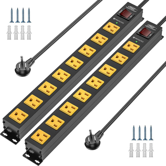 CRST 2 Pack 8 Outlet Metal Heavy Duty Power Strip  2100J Surge Protector 15A 1875W Mountable Wide Spaced Power Bar 6FT Flat Plug Extension Cord-0
