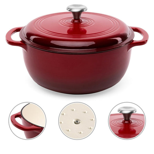 6 Quart Large Red Enamel Cast-Iron Dutch Oven Kitchen Cookware-0